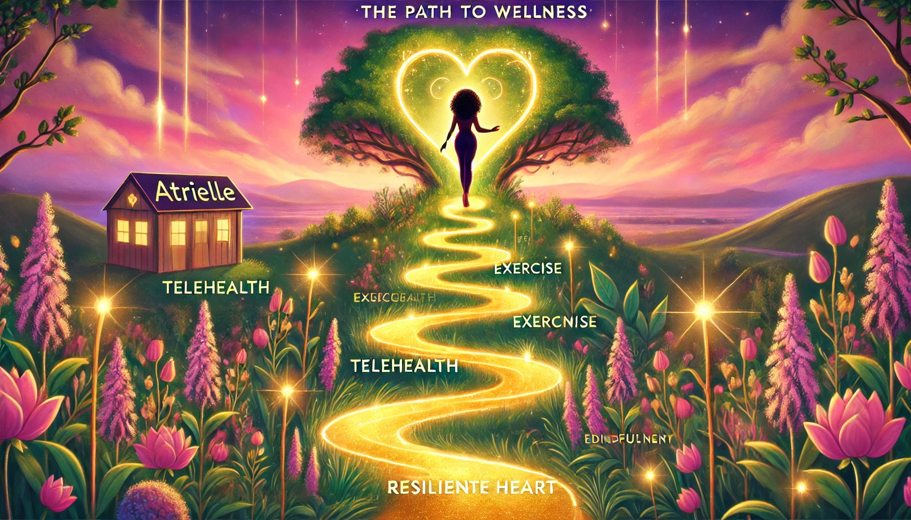 Black woman walking a luminous path through flowers toward a heart-shaped tree