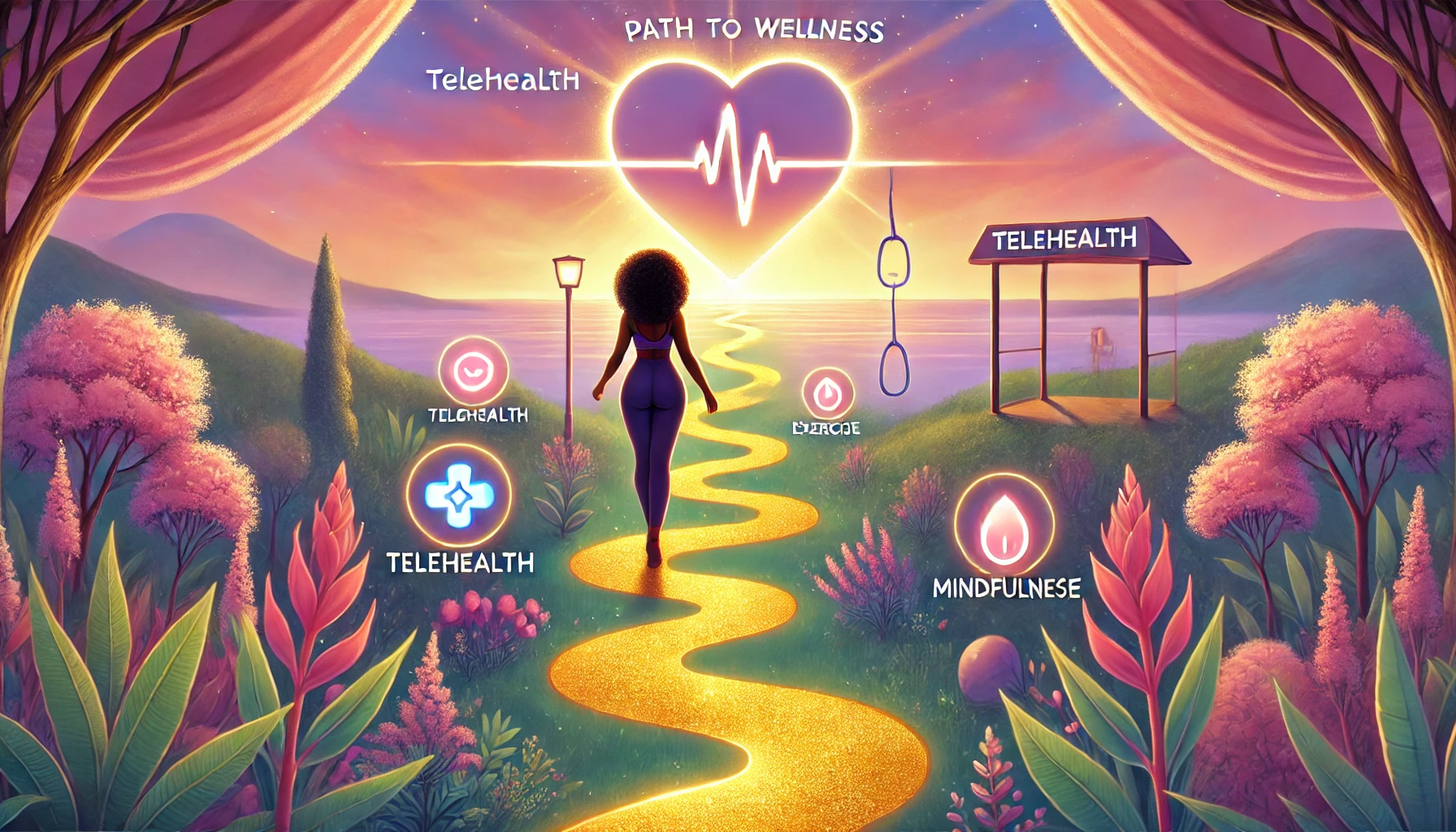 Black woman walking along a golden path through a colorful wellness garden toward a glowing heart