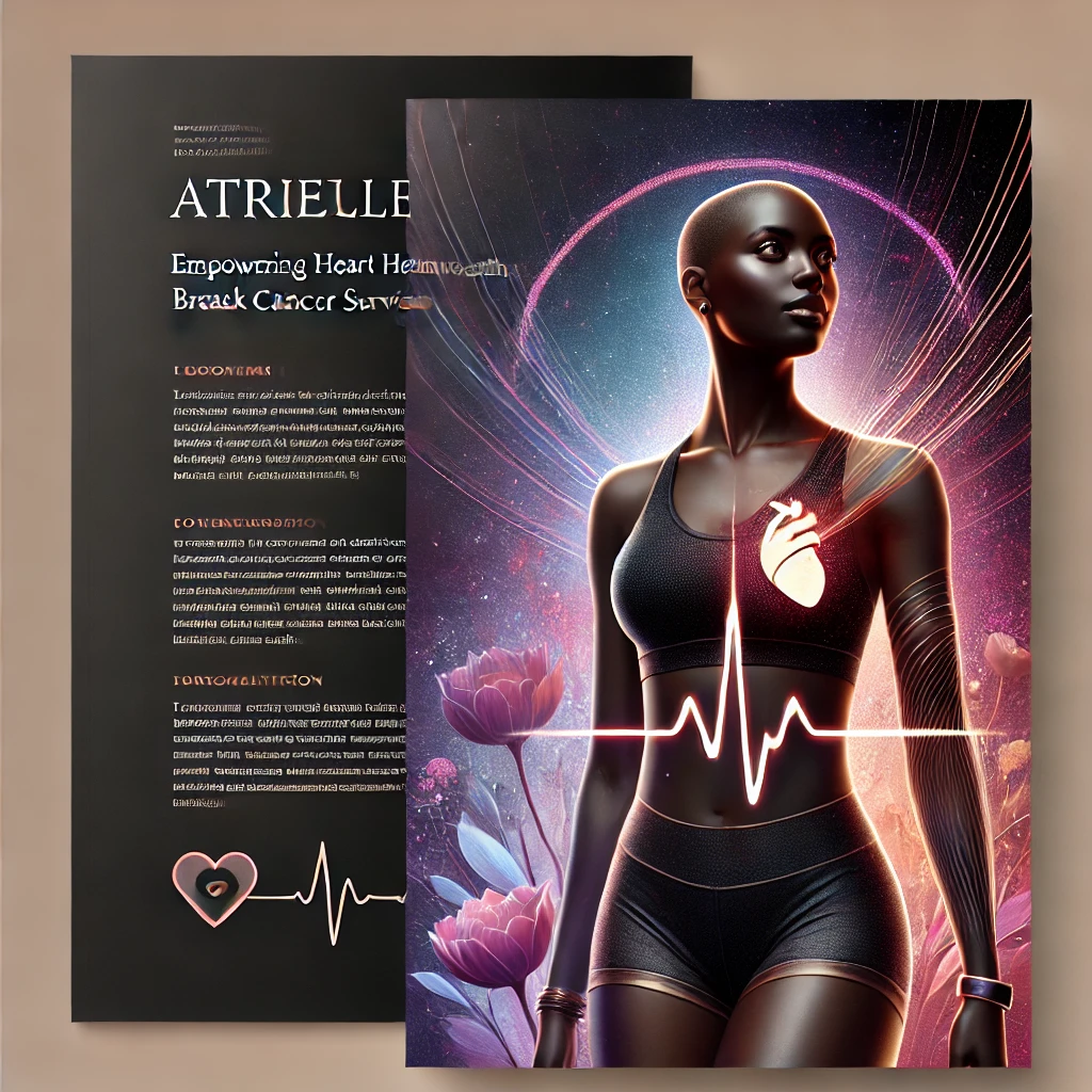 Black woman in athletic clothing with a glowing heart and ECG line in a dark floral proposal design