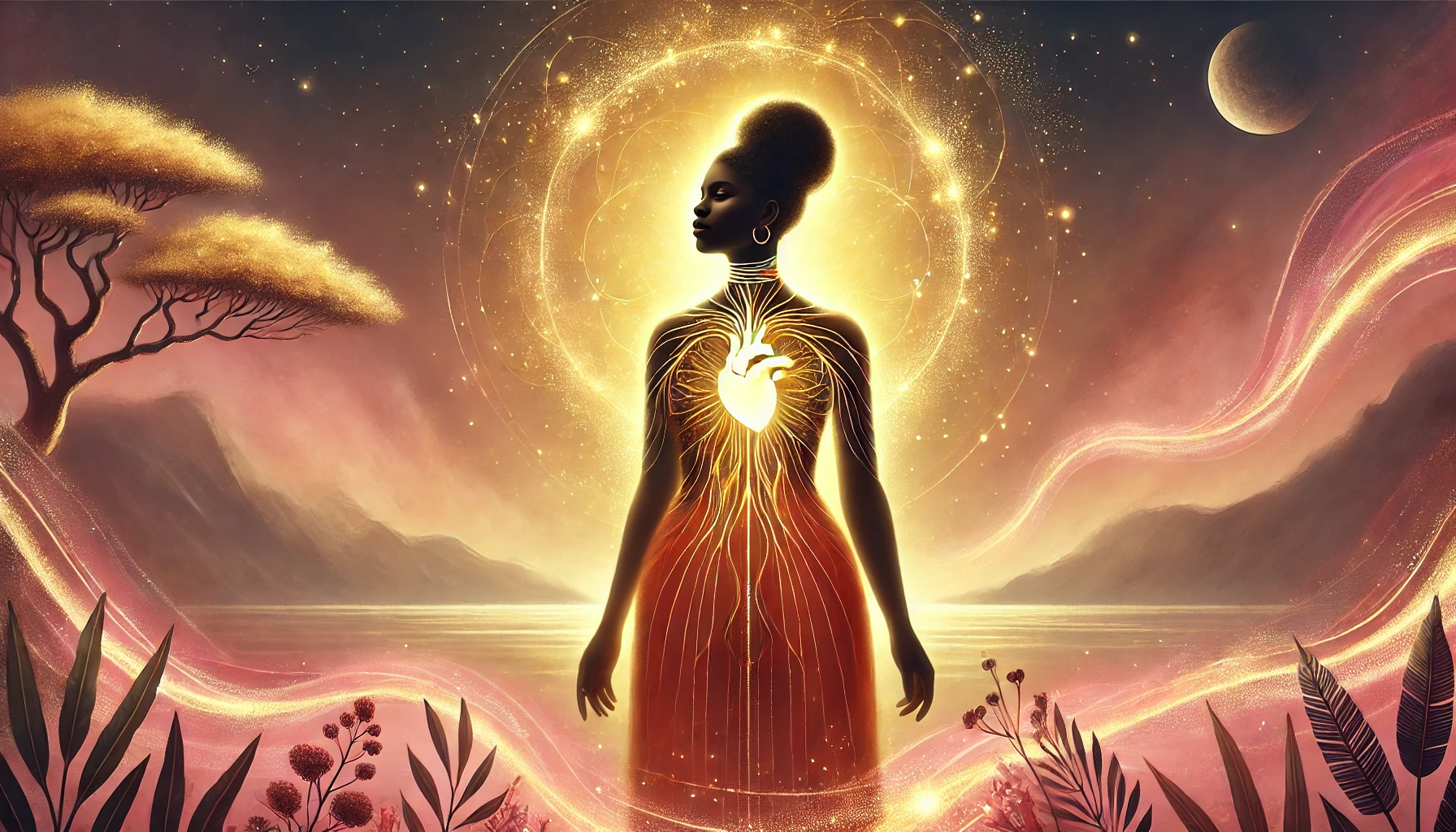 Strong Black woman standing in a colorful landscape with a glowing heart