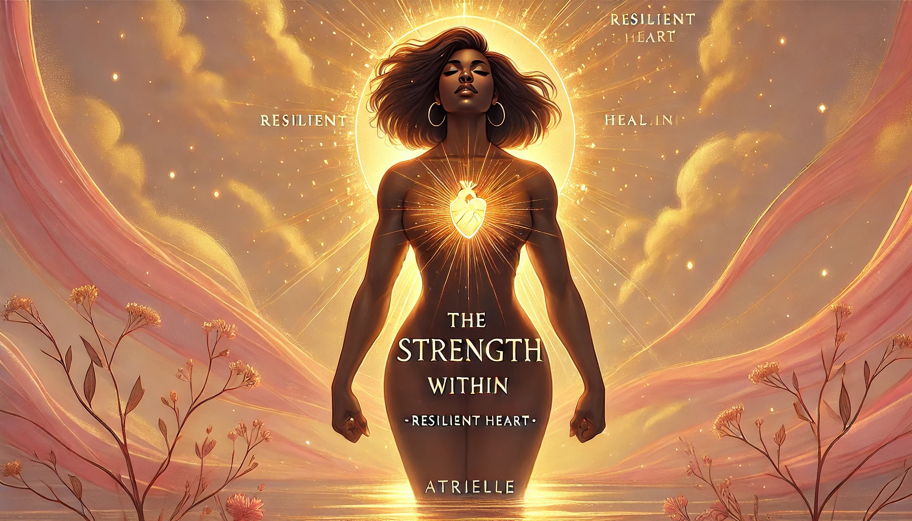 Black woman standing with a radiant heart in a richly colored botanical landscape